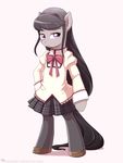  black_hair bow bow_tie clothed clothing cosplay crossover dress equine female feral frankier77 friendship_is_magic frown fur grey_fur hair horse long_hair mammal my_little_pony octavia_(mlp) plain_background pony puella_magi_madoka_magica purple_eyes school_uniform shoes skirt solo standing uniform white_background 