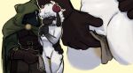 anthro armor bending_down black_body black_fur blush blush_lines bodily_fluids bound bovid bunnybuttz canid canine canis cape caprine chain chained close-up clothed clothed_anthro clothing embarrassed female fur genital_fluids genitals gloves hair hand_on_hip handwear hi_res hood horn leather leather_armor male male/female mammal nude_anthro omorashi prong_collar red_eyes shaded sheep simple_background trans_(lore) trans_man_(lore) urine urine_drip urine_stain vulva watersports wetting white_body white_fur white_hair wiping_another wolf yellow_background yellow_eyes