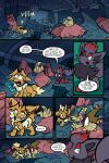 2026 2:3 6_panel_comic absurd_res ambiguous_gender axew bandage black_cape black_clothing black_eyes black_nose black_text blue_eyes blue_text brown_body brown_fur brown_hair cape clenched_teeth clothing comic detailed_background dialogue dot_pupils eevee english_text exclamation_point eye_patch eyebrows eyelashes eyewear feral fluffy fluffy_tail fur gasp generation_1_pokemon generation_5_pokemon group hair hi_res holding_object inner_ear_fluff kerchief looking_at_another lying male_(lore) neck_tuft nintendo on_front on_ground on_side one_eye_obstructed open_mouth page_number paws pokemon pokemon_(species) pokemon_mystery_dungeon pupils purple_eyes quadruped seed sharp_teeth signature sound_effects speech_bubble spike_chunsoft standing tail talking_to_another teeth text tongue toony trio tuft tusks virmir virmir_(character) white_pupils white_sclera wounded yellow_text zinc_(zincxiron) zorua