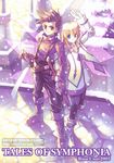  1girl bad_id bad_pixiv_id blonde_hair blue_eyes boots collet_brunel copyright_name gloves knee_boots lloyd_irving long_hair pantyhose red_shirt shirt sword tales_of_(series) tales_of_symphonia usui_rina weapon wings 