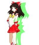  back_bow bishoujo_senshi_sailor_moon bow brown_hair cosplay egawa_satsuki flat_chest gloves hair_bow hakurei_reimu hand_on_hip large_bow long_hair open_mouth parody pleated_skirt red_eyes sailor_senshi_costume sailor_senshi_uniform skirt smile solo tiara touhou white_gloves yin_yang 