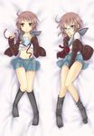  ahoge brown_eyes dakimakura glasses kita_high_school_uniform midriff multiple_views nagato_yuki navel purple_hair school_uniform selene6251 serafuku skirt suzumiya_haruhi_no_yuuutsu 