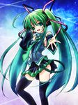 bad_id bad_pixiv_id detached_sleeves green_eyes green_hair hands hatsune_miku headset koiai long_hair necktie outstretched_arm outstretched_hand reaching skirt solo thighhighs twintails very_long_hair vocaloid 