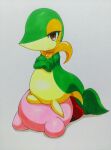 025aki 2015 ambiguous_gender blush blush_lines brown_eyes clothing crossed_arms crossover duo eyelashes footwear generation_5_pokemon green_body hi_res kirby kirby_(series) leaf limp_tail lying marker_(artwork) markings neck_collar nintendo on_front pink_body pokemon pokemon_(species) red_clothing red_footwear red_shoes shaded shoes short_legs simple_background sitting sitting_on_another snivy snout tail tan_body traditional_media_(artwork) unimpressed yellow_eyelids
