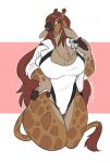 2026 anthro biped breasts clothed clothed_anthro clothed_female clothing countershade_torso countershading digital_drawing_(artwork) digital_media_(artwork) eyewear female fingers front_view fur giraffe giraffid glasses hair hi_res horn mammal mocha-wing simple_background smile solo spots standing tail teeth