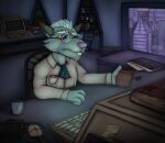 anthro book brok_the_investigator candle celsius_strays city city_background computer container cowcat_games cup datapad detailed_background electronics eyewear glasses hi_res looking_at_object male mammal mckodimus mug murid murine office picture_frame plant plushie post-it_note rat rodent shelf solo whikk_(celsius_strays)