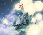  aqua_hair bad_id bad_pixiv_id detached_sleeves flower glowing green_eyes hatsune_miku headset kabasawa_kina long_hair necktie sitting skirt sky solo spring_onion star_(sky) starry_sky thighhighs twintails very_long_hair vocaloid 