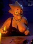 3:4 3d_(artwork) alcohol alphys anthro areola arm_jewelry avet3d beef beverage big_breasts blender_(artwork) bracelet breasts buckteeth candle cleavage clothed clothing container cup cutlery digital_media_(artwork) diner dress drinking_glass eyewear female flashing flashing_breasts food fork glass glass_container glass_cup glasses head_spikes hi_res jewelry kitchen_utensils knife meat mood_lighting necklace nervous nervous_smile nipple_slip nipples one_breast_out partially_clothed pegboard reptile restaurant scales scalie slightly_chubby snout solo spikes spikes_(anatomy) steak teeth tools undertale_(series) wearing_glasses wine wine_glass yellow_body