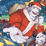 1:1 2023 5_fingers anthro black_claws character_request christmas christmas_clothing christmas_headwear city city_background claws clothing copyright_name costume digital_drawing_(artwork) digital_media_(artwork) english_text eyes_closed felid finger_claws fingerpads fingers foreshortening fur half-length_portrait hat headgear headshot_portrait headwear holding_bag holidays male mammal maosharki open_mouth open_smile pantherine pawpads pink_pawpads portrait red_tongue remember_the_flowers santa_costume santa_hat smile smiling_at_viewer snout solo teeth text tiger tongue tongue_showing white_body white_fur