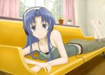  bare_shoulders barefoot blue_eyes blue_hair breasts cactus cleavage couch gebo headphones kawashima_ami long_hair medium_breasts nail_polish pink_nails solo tank_top toradora! 