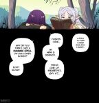 book clothing dialogue duo elf english_text fellatrix female fern_(frieren) frieren frieren_beyond_journey's_end hair hi_res human humanoid humanoid_pointy_ears mammal pointy_ears purple_hair reading reading_book restrained speech_bubble tentacle_pit text unawareacles white_hair