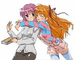  amano_mishio book closed_eyes hair_ribbon hug kanon long_hair multiple_girls nisemon orange_hair overalls pink_hair purple_eyes ribbon sawatari_makoto short_hair thighhighs zettai_ryouiki 