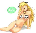  animal_ears animal_print arm_support bandeau bell bell_collar bikini blonde_hair breasts cleavage collar cow_bell cow_girl cow_print earrings halter_top halterneck horns hoshii_miki idolmaster idolmaster_(classic) idolmaster_1 jewelry large_breasts long_hair navel new_year nishi_(count2.4) o-ring o-ring_top one_eye_closed open_mouth shadow sitting solo string_bikini swimsuit yawning yokozuwari 