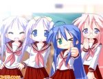  ^_^ ahoge blue_eyes blue_hair closed_eyes green_eyes hiiragi_kagami hiiragi_tsukasa izumi_konata lowres lucky_star mole mole_under_eye multiple_girls one_eye_closed pink_hair pink_neckwear purple_eyes purple_hair ribbon ryouou_school_uniform school_uniform serafuku sunlight takara_miyuki yoshimizu_kagami 