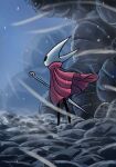 2_horns absurd_res ambiguous_gender arthropod biped black_body black_eyes cloak clothed clothing empty_eyes hi_res hollow_knight_(franchise) horn hornet_(hollow_knight) kumorage melee_weapon red_cloak red_clothing solo standing team_cherry weapon wind