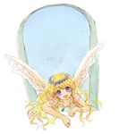  angel blonde_hair blue_daisy blue_eyes flower jewelry long_hair original pendant solo wings 