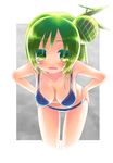  bent_over bikini blush breasts cleavage green_eyes green_hair hands_on_hips kuromaru9 large_breasts meron-san original short_hair solo swimsuit 