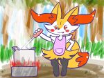 2024 ambiguous_anthro ambiguous_gender annyui0611 anthro apron apron_only biped blush blush_stickers braixen canid closed_smile clothing cooking cooking_pot detailed_background digital_drawing_(artwork) digital_media_(artwork) digitigrade eyelashes fire food forest_background full-length_portrait generation_6_pokemon grass hand_on_hip hi_res japanese_description kitchen_utensils ladle mammal mouth_closed nintendo no_pupils object_in_tail outside plant pokemon pokemon_(species) portrait shrimp_(food) simple_eyes sky smile solo standing steam tail tongue tongue_out tools translated_description tree