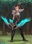 2021 absurd_res armor blizzard_entertainment blood_elf boots bow_(weapon) clothing digital_media_(artwork) ear_piercing ear_ring elf female footwear forest front_view grass hair hi_res holding_bow_(weapon) holding_object holding_ranged_weapon holding_weapon humanoid humanoid_pointy_ears not_furry outside piercing plant pointy_ears quiver_(object) ranged_weapon ring_piercing shoes solo standing tree vanharmontt warcraft weapon