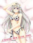  2009 animal_print bikini blue_eyes clannad cow_girl cow_print hairband horns long_hair new_year sakagami_tomoyo side-tie_bikini silver_hair solo string_bikini surume_(clavis) swimsuit tail 