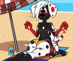 101_dalmatian_street 101_dalmatians 6:5 abs anthro beach beach_towel bikini black_body black_fur blood blue_eyes blush bodily_fluids body_hair butt canid canine canis chest_hair chest_tuft clothing dalmatian demon_(darkdemon) detailed_background disney dolly_(101_dalmatians) domestic_dog duo female fur glistening glistening_body gloves_(marking) gold_bikini heart_symbol hi_res leg_markings looking_at_another looking_back male mammal markings motion_lines multicolored_body navel nipples nosebleed pink_nipples red_eyes sand_castle sculpture seductive shaded shadow shaking_butt signature slightlyarousedguy smile smiling_at_another smiling_at_partner socks_(marking) spots spotted_markings sunscreen swimming_trunks swimwear towel tuft two-piece_swimsuit umbrella white_body white_fur