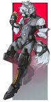 2026 absurd_res anthro belt best bottomwear canid canine canis clothing cybernetic_leg cybernetic_limb fingerless_gloves fur gloves gold_(metal) hair handwear hi_res looking_at_viewer male mammal mihoyo o_tout0 pants red_eyes shirt solo tail thiren topwear von_lycaon white_body white_fur wolf zenless_zone_zero