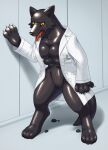 2021 6_breasts anthro black_body breasts canid claws clothing coat digital_media_(artwork) digitigrade featureless_breasts featureless_crotch female hi_res id_card implied_transformation lab_coat latex latex_creature liquid_latex mammal multi_breast seam_(sewing) shio_inu solo standing tail tongue tongue_out topwear