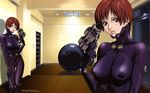  artist_request bodysuit brown_eyes gantz gantz_suit gun gun_to_head highres holding holding_gun holding_weapon kishimoto_kei purple_bodysuit red_hair short_hair wallpaper weapon x-gun 