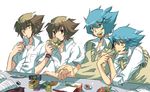  aqua_eyes artist_request blue_hair book brown_eyes brown_hair card drinking duel_monster eating food hamburger johan_andersen lying_card male_focus multiple_boys school_uniform sweater_vest wristband yellow_eyes yuu-gi-ou yuu-gi-ou_gx yuuki_juudai 