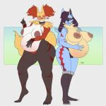 1:1 anthro areola ass_to_ass bangs belly belly_blush big_areola big_belly big_breasts big_butt blush body_blush body_hair breasts brown_areola brown_nipples butt butts_touching claws collar delphox duo ear_piercing ella_(bluedoggie) eye_contact eyewear facial_tuft feet female female_anthro finger_claws generation_4_pokemon generation_6_pokemon glasses gradient_background hair hair_over_eye hand_on_belly hi_res humanoid_feet humanoid_hands krowbutt linea_nigra looking_at_another lucario mammal montgomery_glands natural_breasts navel nintendo nipple_piercing nipples nude outie_navel piercing piper_(bluedoggie) plantigrade pokemon pokemon_(species) pregnant pregnant_anthro pregnant_female pubes raised_heel round_glasses simple_background tinted_glasses toe_claws tuft ventral_groove wearing_glasses wide_hips