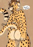 anthro big_butt brown_body brown_fur brown_hair brown_markings brown_spots brown_stripes butt cheetah felid feline fur hair hi_res male mammal markings nude nude_anthro nude_male purple_eyes rika_(artist) solo spots stripes tail zachariah_(velocitycat)