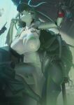 2025 5_fingers anthro apron apron_only aquatic arthropod big_breasts black_eyes blue_potion breasts chitei_(rai32019) cleavage clothed clothing female female_anthro female_focus fingers gesture glass_bottle green_body green_skin hand_gesture hi_res holding_object holding_potion multi_arm multi_limb non-mammal_breasts offscreen_character on_stool pointing potion prehistoric_species pupils red_potion red_pupils side_boob sitting trilobite white_apron white_clothing