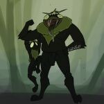 1:1 2_fingers 5_fingers anthro arthropod balls big_balls big_penis black_body bodily_fluids bone detrefle13 duo erection fingers fur genitals green_body green_fur groal_the_great hi_res hollow_knight:_silksong hollow_knight_(franchise) humanoid male male/male nipples overweight penis saliva size_difference team_cherry tongue