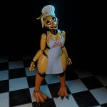 1:1 2025 3_toes 3d_(artwork) 4_fingers animatronic anthro apron apron_only areola areola_slip atumalaca avian beak bird blue_eyes breasts checkered checkered_floor chef chef_hat chicken clothing dark_areola digital_media_(artwork) eyelashes feet female fingers five_nights_at_freddy's five_nights_at_freddy's_2 full-length_portrait galliform glistening glistening_body hat headgear headwear hi_res high-angle_view looking_at_viewer machine medium_breasts non-mammal_breasts open_mouth orange_beak phasianid portrait purple_eyelids robot robot_anthro scottgames soft_abs solo standing talons teeth thick_thighs toes toothed_beak toy_chica_(fnaf) white_apron white_clothing wide_hips yellow_body
