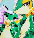025aki 3_fingers ambiguous_gender anthro belly blue_body brown_eyes eyelashes feral fingers flat_chested generation_5_pokemon green_body group hands_behind_back hi_res leaf looking_at_viewer looking_unpleasured markings multicolored_body neck_collar nintendo open_mouth pokemon pokemon_(species) purple_eyes raised_tail red_eyes ribbons serperior servine signature simple_background sitting smile smiling_at_viewer snivy tail tan_body trio unimpressed white_body
