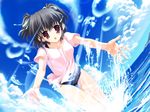  black_hair clear game_cg mitha no_pants non-web_source red_eyes school_swimsuit shirt short_hair solo splashing swimsuit swimsuit_under_clothes t-shirt twintails water yukino_natsuki 