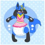 3_fingers 3_toes ambiguous_gender anthro black_body black_fur black_inner_ear blue_background blue_body blue_ears blue_fur blue_inner_ear_fluff blue_tail blush blush_lines bodily_fluids border bottomwear cheerleader cheerleader_outfit clean_diaper clothed clothing collin_(collin-lucario) crop_top diaper diaper_puff dotted_background english_text feet fingers flying_sweatdrops front_view full-length_portrait fur generation_4_pokemon gloves_(marking) grumpy heterochromia hi_res hybrid_pokemon inner_ear_fluff jupiters leg_markings lucario markings multicolored_body multicolored_fur narrowed_eyes nintendo pattern_background pink_bottomwear pink_clothing pink_crop_top pink_shirt pink_skirt pink_topwear pokemon pokemon_(species) portrait riolu shirt simple_background skirt socks_(marking) solo standing sweat sweatdrop tail text text_on_clothing text_on_crop_top text_on_shirt text_on_topwear toes topwear tuft wearing_diaper white_border yellow_body yellow_fur