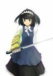  bad_id bad_pixiv_id black_hair blush boxcutter copyright_request g_tong green_eyes maid mechanical_arm short_hair smile solo sword weapon 