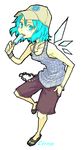  alternate_costume aqua_eyes aqua_hair bare_shoulders baseball_cap blue_eyes blue_hair bracelet casual chain cirno contemporary food hand_in_pocket hat hyakko jewelry kageyama_kitsune necklace oekaki parody popsicle roku_(warrock) sandals shorts solo tank_top touhou wings wristband 