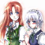  bad_id bad_pixiv_id blue_eyes blush hairband hong_meiling izayoi_sakuya long_hair lowres mitsu multiple_girls red_hair ribbon short_hair silver_hair touhou 