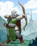 2023 absurd_res anthro bear belt bow_(weapon) breasts claws clothing cloud day detailed_background digital_media_(artwork) female fur fur_cloak grass green_clothing hair hi_res holding_bow_(weapon) holding_object holding_ranged_weapon holding_weapon mammal mountain navel one_eye_closed outside plant quiver_(object) ranged_weapon slightly_chubby smile solo standing vanharmontt weapon white_body white_fur white_hair