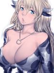  :o animal_ears animal_print bangs bare_shoulders blonde_hair blue_eyes breasts chestnut_mouth cleavage collarbone copyright_request cow_ears cow_girl cow_horns cow_print front-tie_top fumio_(rsqkr) hair_between_eyes horns jewelry large_breasts long_hair long_sleeves looking_at_viewer mole mole_under_mouth necklace off_shoulder open_mouth simple_background sketch solo upper_body very_long_hair white_background 