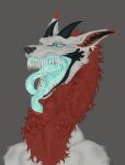 absurd_res bedroom_eyes blue_eyes bodily_fluids feral fully_inside hi_res horn in_throat klifaun long_tongue male mouth_shot multicolored_body narrowed_eyes neck_bulge open_mouth oral_vore paws safe_vore seductive sharp_teeth snout swallowing synx teeth throat tongue tongue_out vore
