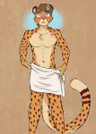 anthro blush brown_body brown_fur brown_hair brown_markings brown_spots brown_stripes butt cheetah felid feline fur hair hi_res male mammal markings purple_eyes rika_(artist) scar solo spots stripes tail towel zachariah_(velocitycat)