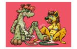 after_sex alien anthro balls big_breasts blush blush_lines bodily_fluids border breasts clitoris cum cum_dripping_from_penis cum_from_vagina cum_in_vagina cum_inside duo female gaffy_johnson genital_fluids genitals giraffe giraffid hi_res hybrid hyena lana_(trippertrip) male male/female mammal murid murine nipples puffy_nipples rat rodent sitting sitting_on_ground slightly_chubby slightly_chubby_anthro trippertrip vulva white_border