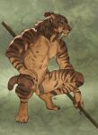2026 5_toes abs abstract_background absurd_res ama_dench_art anthro areola arm_markings arm_tuft backlighting balls bent_arm bent_legs biped broad_shoulders brown_body brown_ears brown_eyes brown_fur brown_hair brown_markings brown_nose brown_pawpads brown_stripes brown_tail brown_tail_tip brown_tuft casual_nudity claws countershade_arms countershade_balls countershade_crotch countershade_face countershade_fur countershade_genitalia countershade_hands countershade_legs countershade_neck countershade_snout countershade_thighs countershade_torso countershading crouching digital_media_(artwork) dipstick_tail elbow_tuft eyebrow_whiskers fangs feet felid finger_claws fingerpads fingers flaccid front_view full-length_portrait fur fur_markings genitals green_background grey_areola grey_claws grey_nipples grey_penis hair hair_bun hand_on_leg hand_on_own_leg hand_on_own_thigh hand_on_thigh hi_res holding_object holding_staff humanoid_feet humanoid_genitalia humanoid_hands humanoid_penis inner_ear_fluff iris leg_markings light lighting looking_aside male male_anthro mammal markings monotone_hair mouth_closed multicolored_body multicolored_fur muscular muscular_anthro muscular_male navel neck_tuft nipples nude nude_anthro nude_male pawpads pecs penis pinup plantigrade plantigrade_pawpads portrait pose prehistoric_species pupils raised_heel saber-toothed_tiger sabertooth_(anatomy) short_hair short_tail shoulder_markings signature simple_background smilodon snout solo staff straight_arm striped_body striped_fur striped_markings stripes tail tail_markings tan_balls tan_body tan_countershading tan_feet tan_fur tan_hands tan_inner_ear_fluff tan_markings tan_sclera tan_tuft teeth textured_background thigh_markings toe_claws toes tuft whisker_spots whiskers white_whiskers