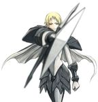  armor artist_request blonde_hair blurry cape claymore claymore_(sword) depth_of_field foreshortening hilda_(claymore) lowres solo sword weapon 