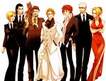  5boys bald black_hair blonde_hair cait_sith dress elena_(ff7) final_fantasy final_fantasy_vii formal long_hair multiple_boys multiple_girls necktie no_legwear red_dress red_hair reeve_tuesti reno rude rufus_shinra scarlet_(ff7) short_hair suit sunglasses tseng turks yuriko2755 