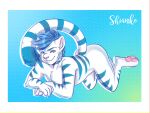 2019 4:3 4_toes 5_fingers all_fours anthro arms_bent artist_name bedroom_eyes bent_legs biped blue_eyebrows blue_hair blue_stripes blue_tail_tip border bubble_butt butt cheek_tuft chest_tuft claws closed_smile colored digital_drawing_(artwork) digital_media_(artwork) dipstick_tail dotted_background english_description eyebrows facial_tuft feet felid finger_claws fingers full-length_portrait fur hair hand_pawpads hands_together inner_ear_fluff leaf_mcsynte lidded_eyes light lighting long_tail male male_anthro mammal markings mouth_closed multicolored_body multicolored_fur narrowed_eyes nude_anthro nude_male pantherine pattern_background pink_inner_ear pink_nose portrait seductive shaded shianko short_hair simple_background slim_anthro slim_male smile solo striped_body striped_fur striped_markings striped_tail stripes tail tail_markings text tiger toe_claws toes tuft two_tone_body two_tone_fur two_tone_tail white_body white_border white_claws white_fur white_inner_ear_fluff white_sclera yellow_eyes