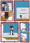 2spot_studio absurd_res ambiguous_gender animate_inanimate annoyed anthro bandage bandaged_head bed black_clothing black_coat black_topwear bloody_bunny bloody_bunny_(series) blush bottomwear breasts clothed clothing coat comic comic_panel dialogue digital_drawing_(artwork) digital_media_(artwork) doll duo english_text eyewear eyewear_on_head female floating_hands fur furniture gesture glasses goggles grey_body grey_skin gun hand_gesture hank_j._wimbleton hat headgear headwear hi_res holster holstered_gun holstered_weapon kerchief lagomorph leporid living_doll long_ears looking_at_another looking_away madness_combat mammal mask multicolored_eyes nevadean_(madness_combat) on_bed otakon_(artist) pillow pointing rabbit ranged_weapon red_eyes red_inner_ear red_nose sitting sitting_on_bed stitch_(sewing) submachine_gun text topwear uzi weapon white_body white_fur yellow_eyes